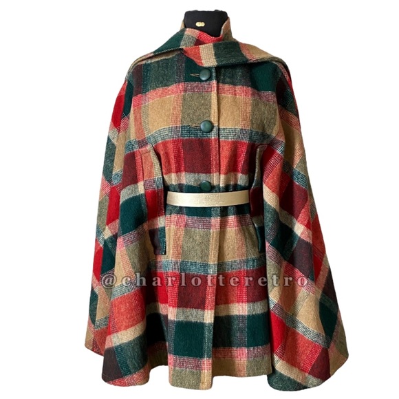 Vintage Jackets & Blazers - vtg Check Plaid Wool Cape